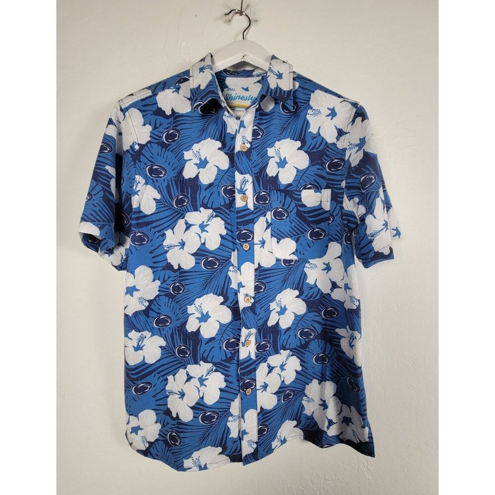 Shinesty Mens Woven Hawaiian Shirt Large Blue Tropical Floral Button-Up New $65